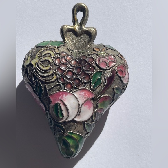 Puffy heart pendant necklace large colorful mosaic floral silver cloisonné - Picture 11 of 11